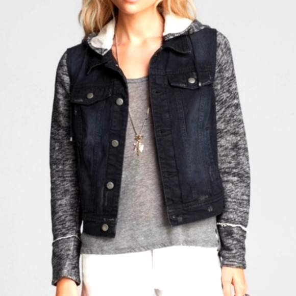 Free People Black Knit Hooded Distressed Denim Jacket With Detachable Hood Large